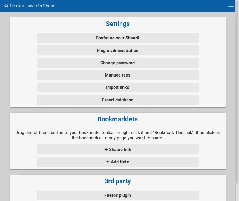 Capture d&#x27;écran du menu de configuration de Shaarli