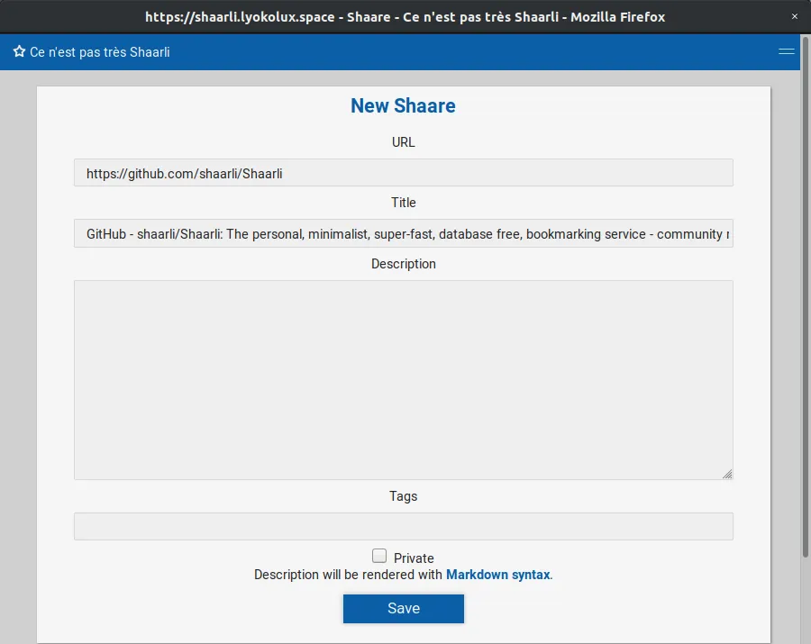 formulaire de saisie de l&#x27;extension Shaarli pour Firefox